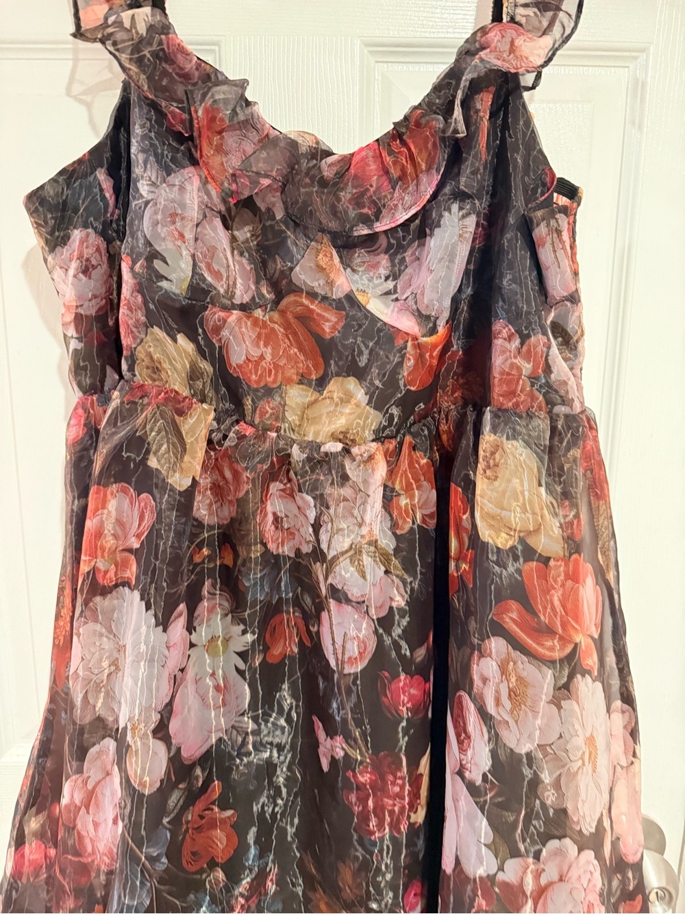 ROMWE Black Sheer Floral Tiered Dress with Pink and Orange Blooms - Picture 3 of 7